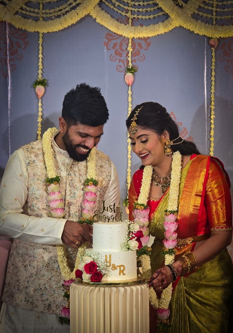 Yathish and Rakshitha laughing as they cut their “Just Engaged” cake